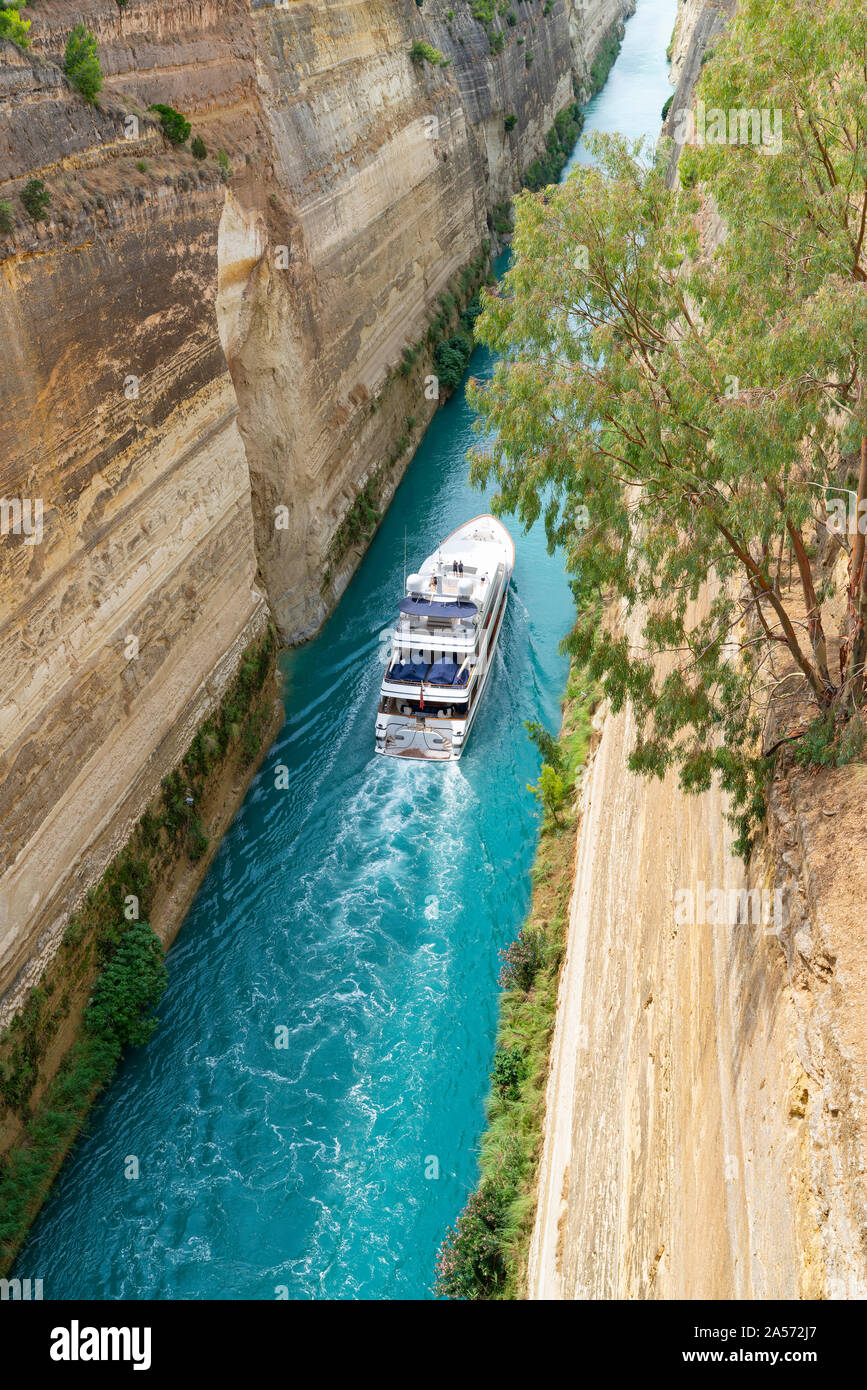 GREECE CORINTH JULY 17 2019; Large pleasure boat passing through
