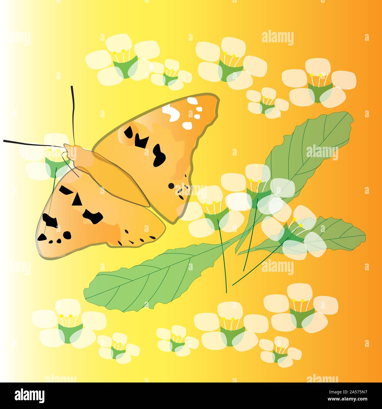 The theme of spring. A beautiful butterfly flutters among the flowers. Stock Vector