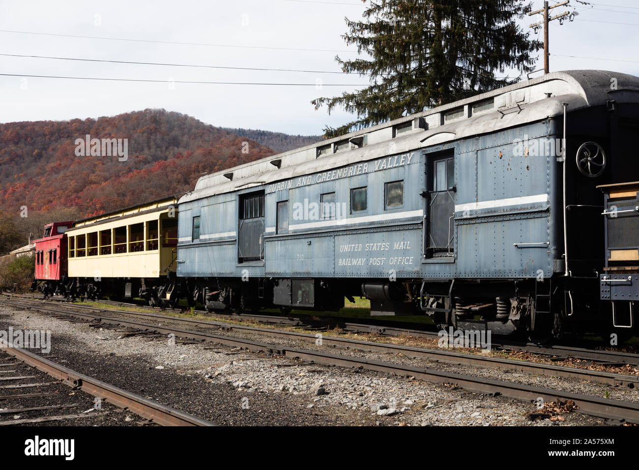 Vintage railroad cars belonging to the Durbin and Greenbrier Valley excursion railroad, outside the depot in the tiny settlement of Durbin, near the headwaters of the Greenbrier River in Pocahontas County, West Virginia Stock Photo