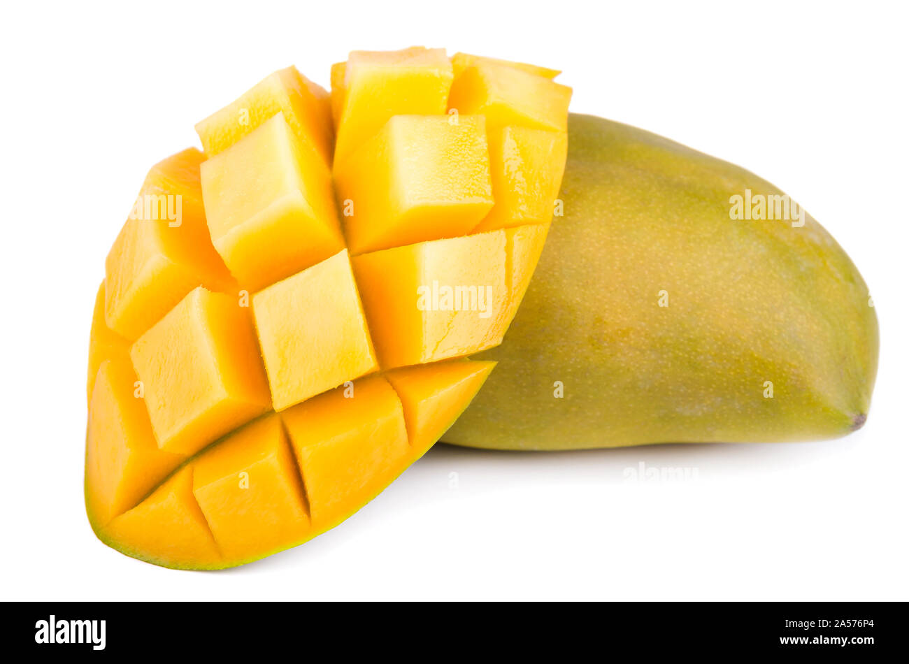 Mango fruit, cubes and mango slices, isolated on a white background Stock Photo