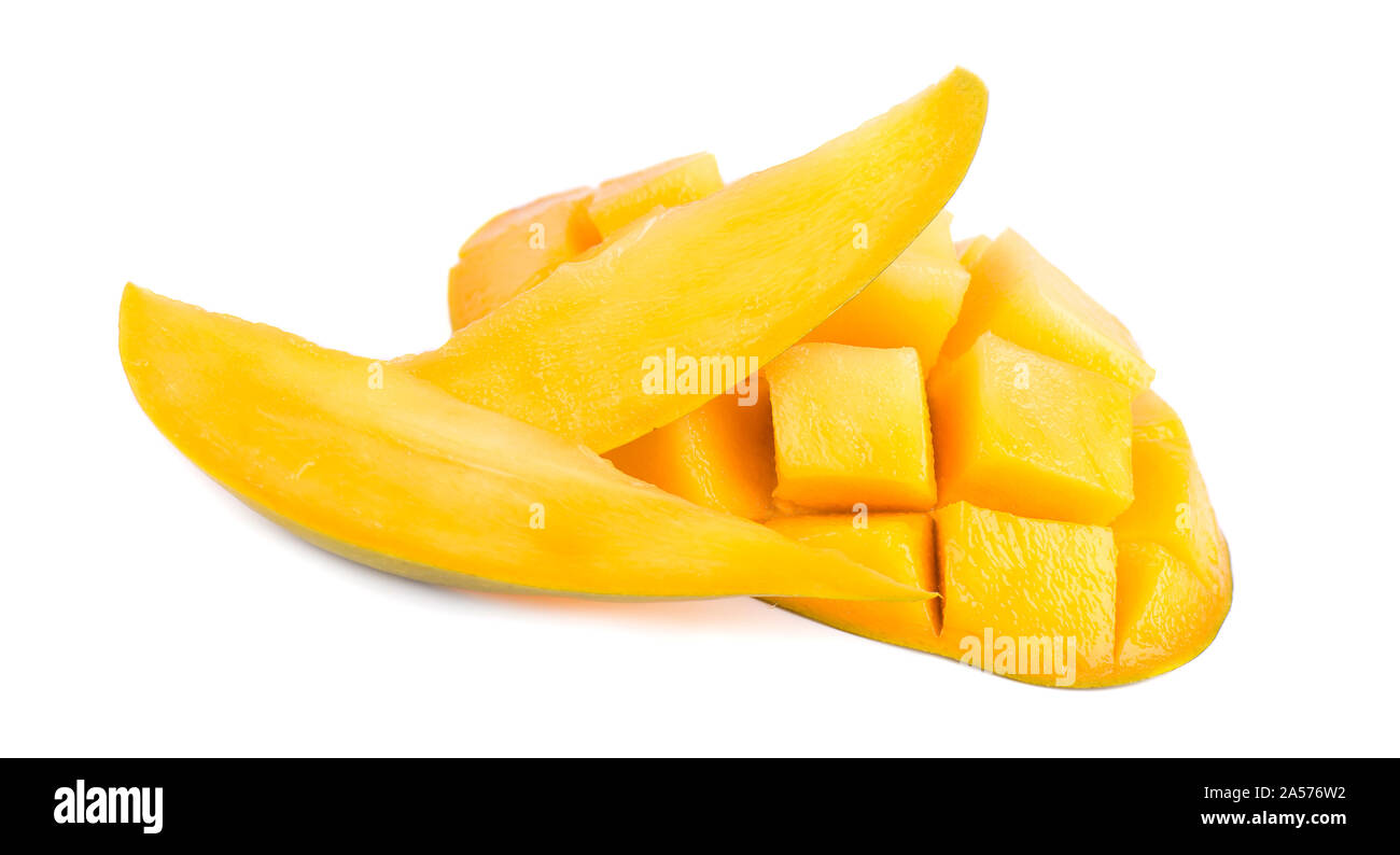 Mango fruit, cubes and mango slices, isolated on a white background Stock Photo