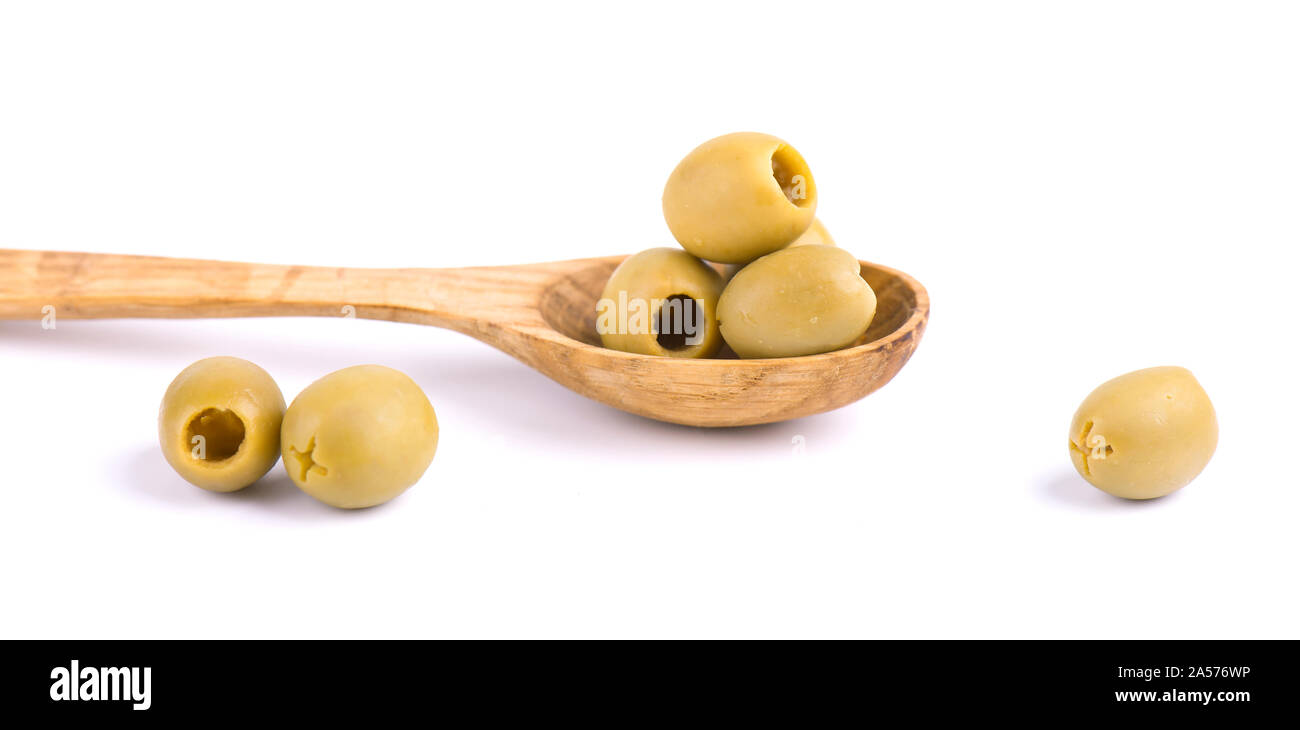 Pitted and marinated green olives, isolated on white background Stock Photo