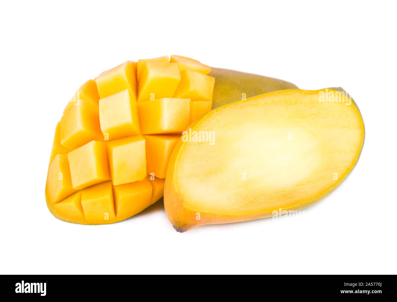 Mango fruit, cubes and mango slices, isolated on a white background Stock Photo