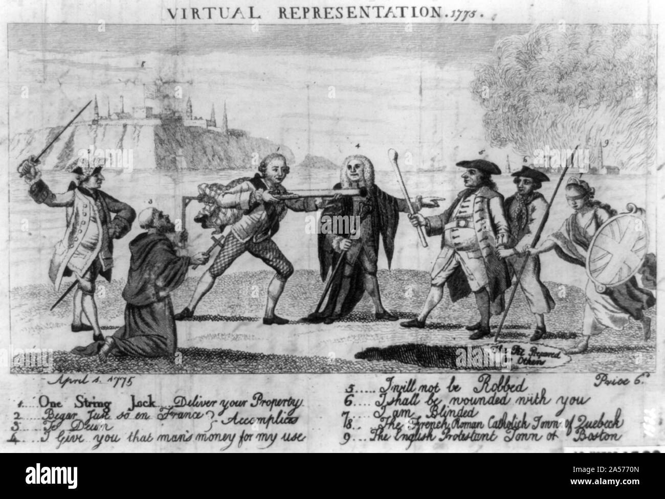 Virtual representation, 1775 Abstract: Print shows Lord Bute aiming a blunderbuss at a man representing colonial America Stock Photo