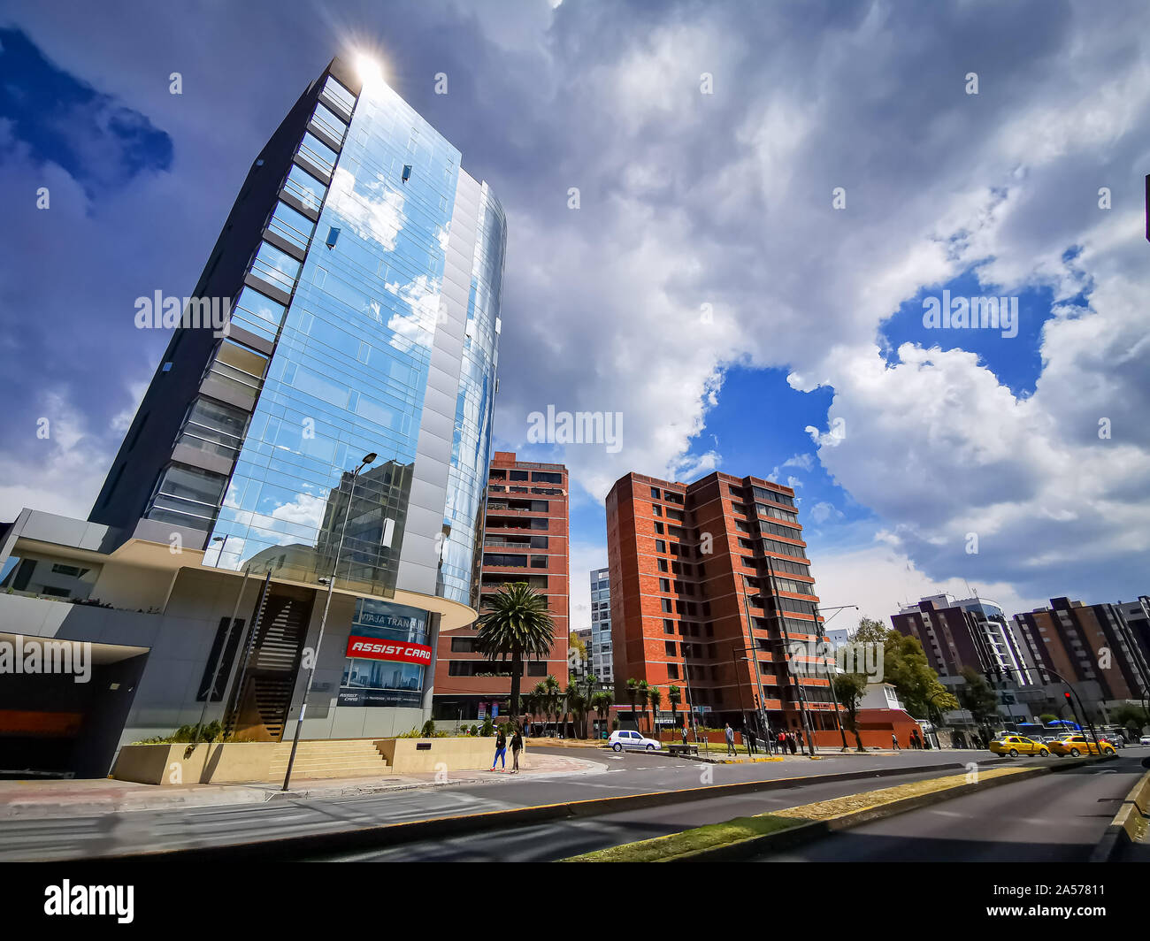 Urban view of modern zone of Quito, buildings in the capital of Ecuador, South America. Stock Photo