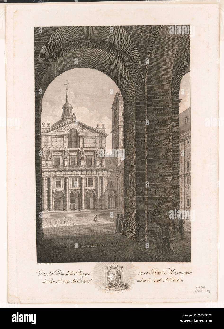 Vista del patio de los reyes en el real monasterio de San Lorenzo del escorial mirado desde el portico Stock Photo