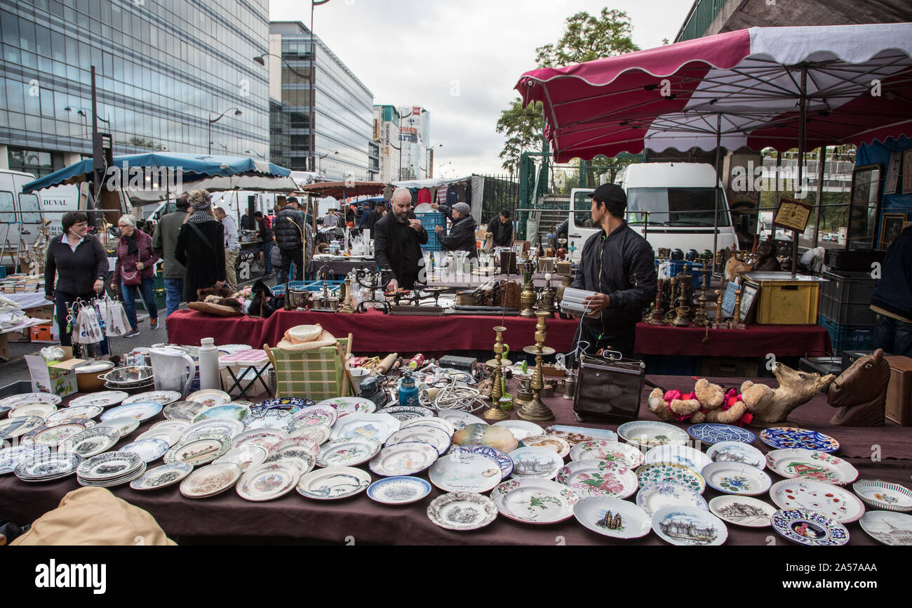 Paris, France - 30th September, 2019: People shopping for bargins at the  Montreuil flea market. one of the oldest flea markets in the capital. It is Stock Photo