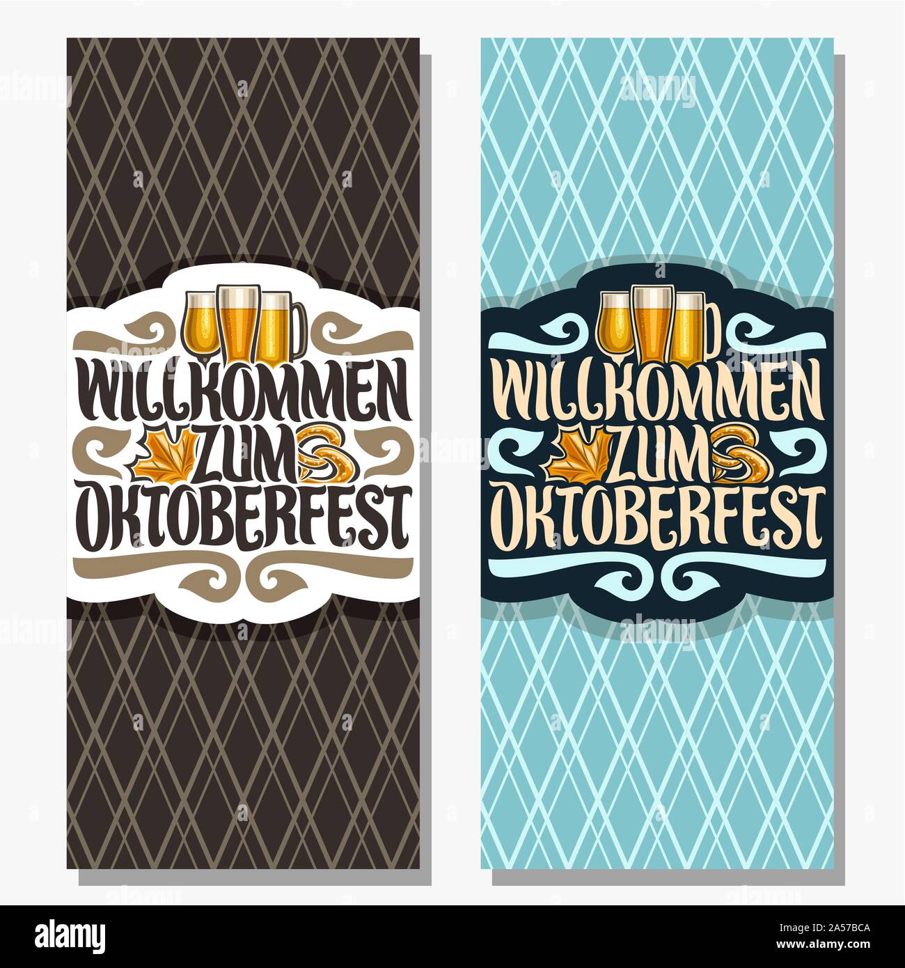 Vector vertical banners for Oktoberfest with copy space, maple leaf and pretzel, glassware with alcoholic beverages, invite for beer festival with ori Stock Vector