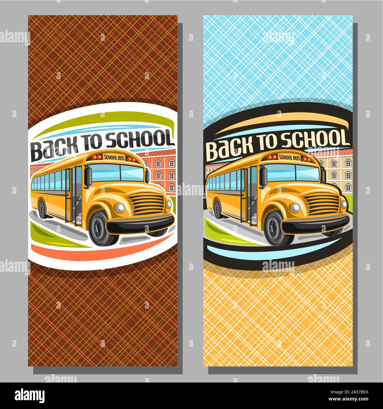 Vector Vertical Banners For School Bus Orange Schoolbus With Open Door Awaiting Junior Student Logo With Cartoon Bus On Background Of College Buildi Stock Vector Image Art Alamy