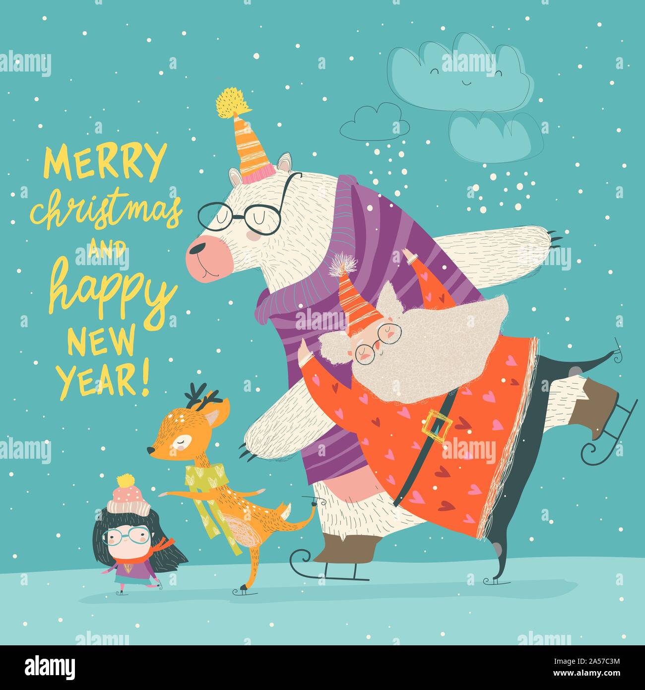 Santa Claus skating with bear, deer and little girl Stock Vector