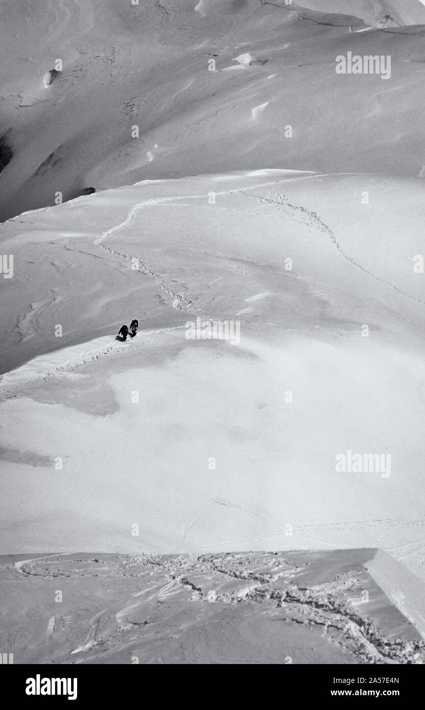 Figures of climbers among the snowfields high in the French Alps Stock Photo