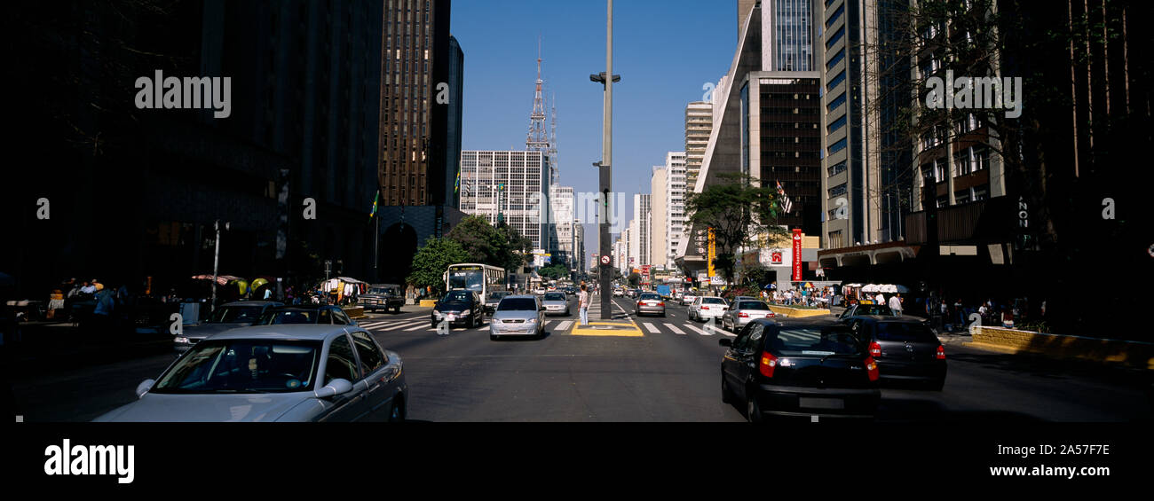 Traffic on a road, Paulista Avenue, Sao Paulo, Brazil Stock Photo