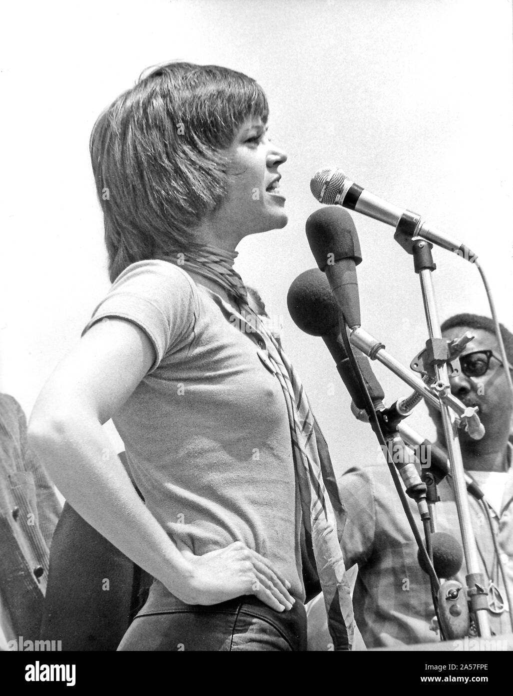 Washington, District of Columbia, USA. 9th May, 1970. Actress Jane Fonda is shown as she addressed the estimated 100,000 people who attended the anti-war rally by the White House. The Demonstration was generally non-violent save for scattered outbreaks along Pennsylvania Avenue near the Department of Justice Building in Washington, DC on May 9, 1970 Credit: Benjamin E. ''Gene'' Forte/CNP/ZUMA Wire/Alamy Live News Stock Photo