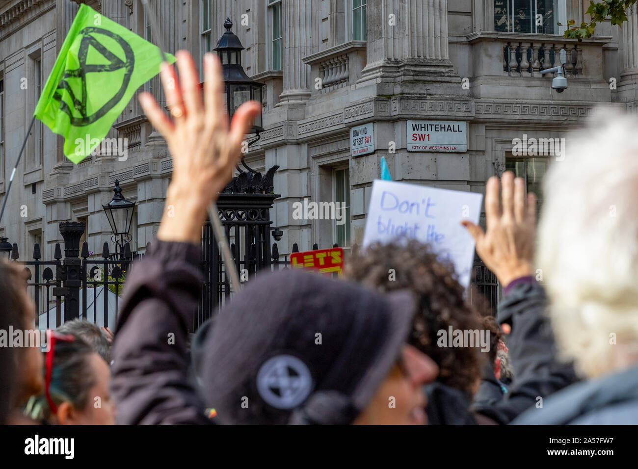 London, UK. 18th Oct 2019. Extinction Rebellion demonstrators outside Downing Street during Central London climate change protest Credit: Ricci Fothergill/Alamy Live News Stock Photo