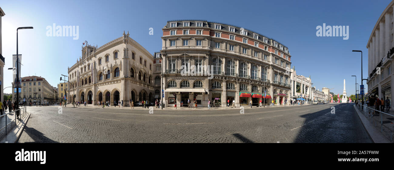Buildings at a town square, Rossio Square, Lisbon, Portugal Stock Photo