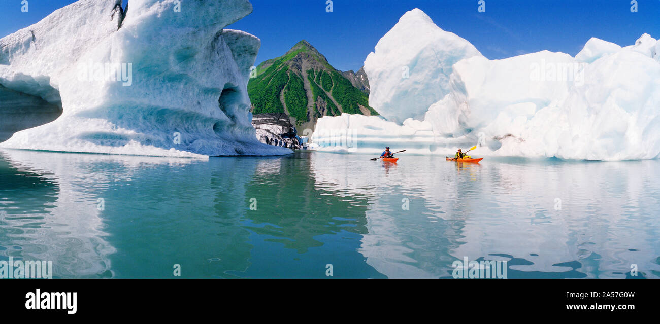 Kayakers in the lake, Bear Glacier Lake, Kenai Fjords National Park, Alaska, USA Stock Photo