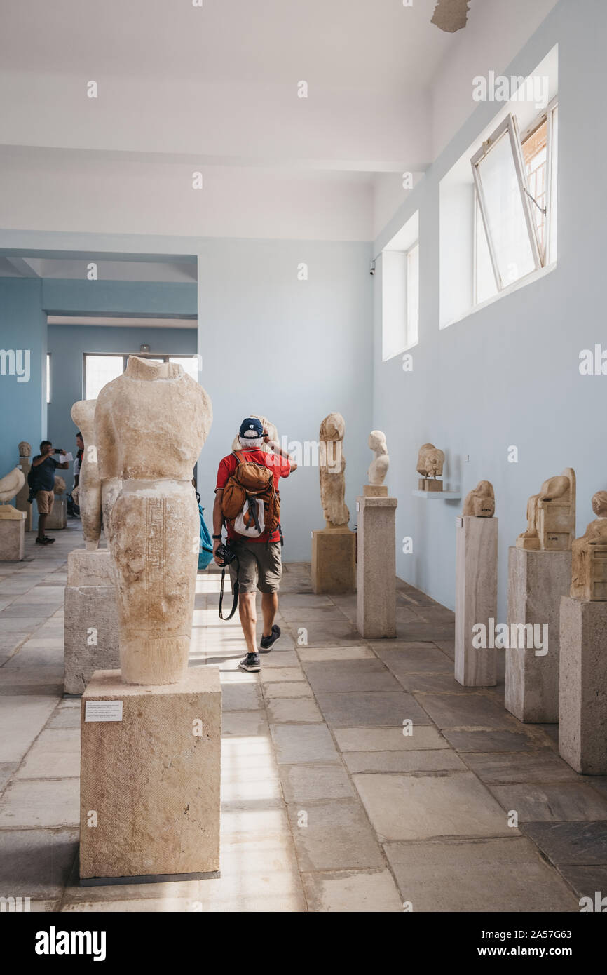 Delos, Greece - September 20, 2019:  Statues inside the Archaeological Museum of Delos, a museum on the historic island of Delos in the South Aegean, Stock Photo