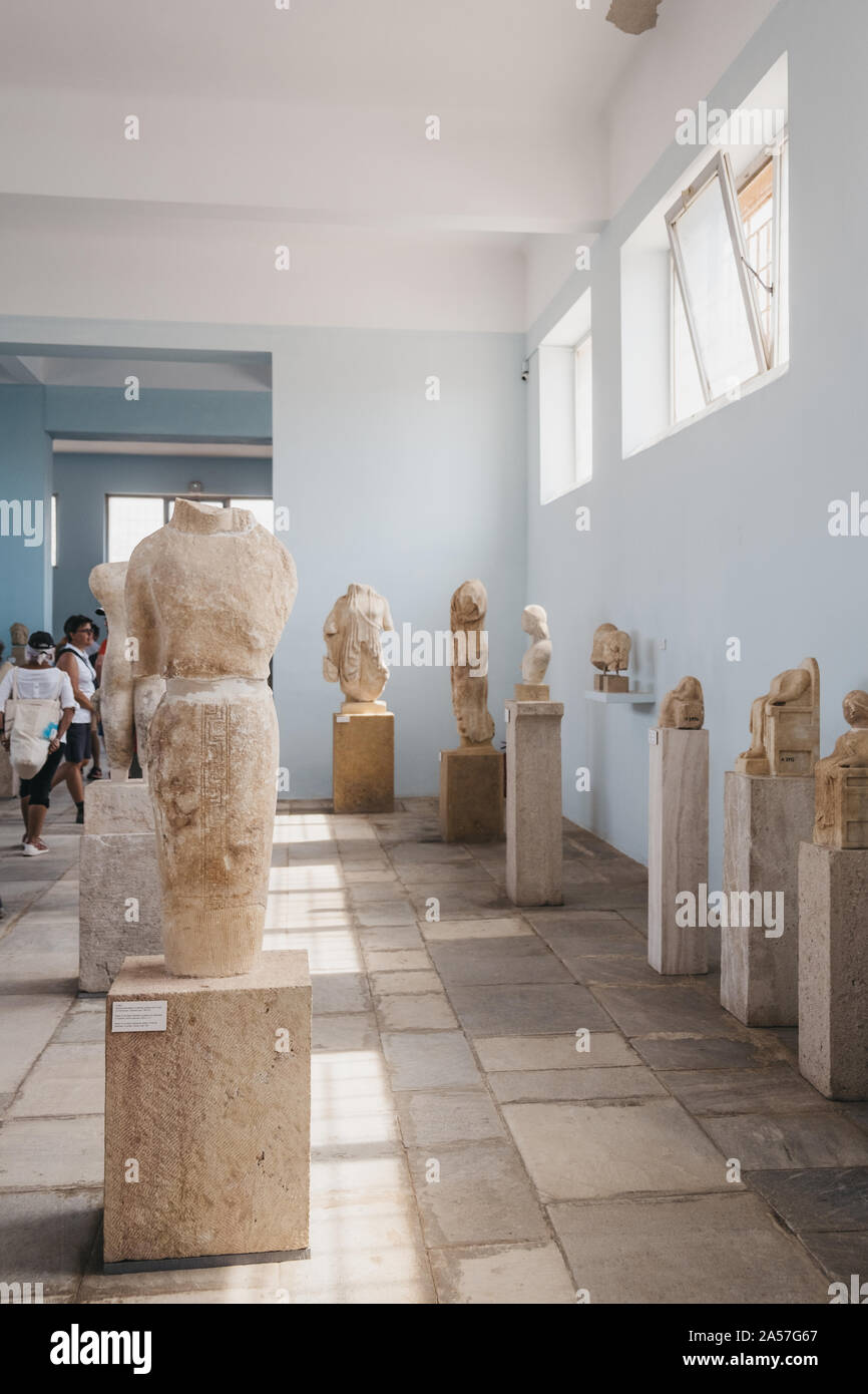 Delos, Greece - September 20, 2019: Statues inside the Archaeological Museum of Delos, a museum on the historic island of Delos in the South Aegean, G Stock Photo