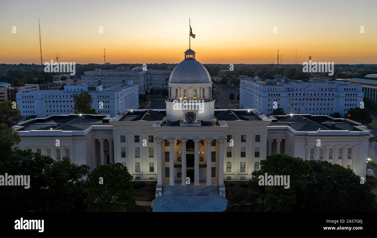 Golden sunlight reaches the horizon showing around the capital statehouse in Montgomery Alabama Stock Photo