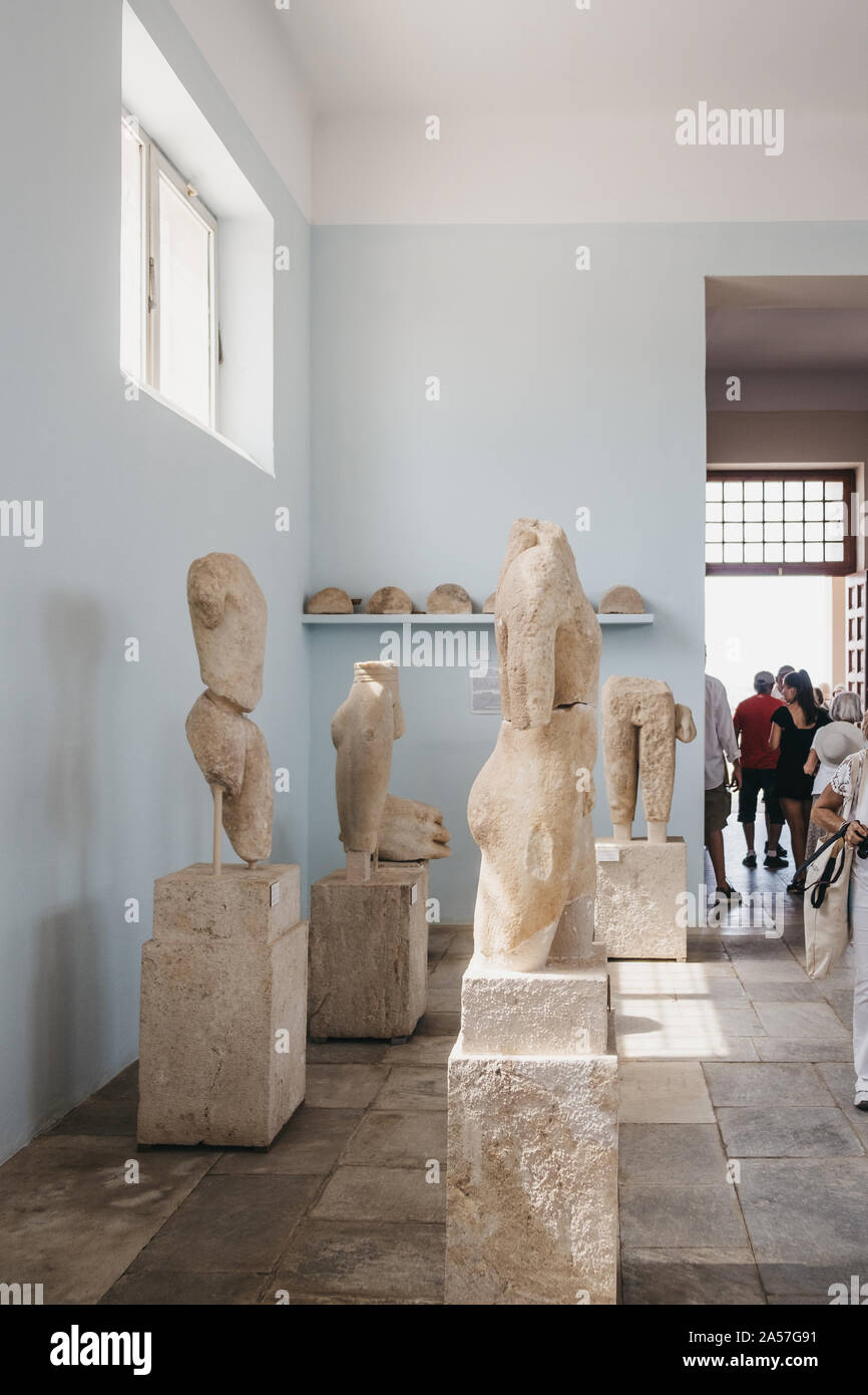 Delos, Greece - September 20, 2019: Statues inside the Archaeological Museum of Delos, a museum on the historic island of Delos in the South Aegean, G Stock Photo