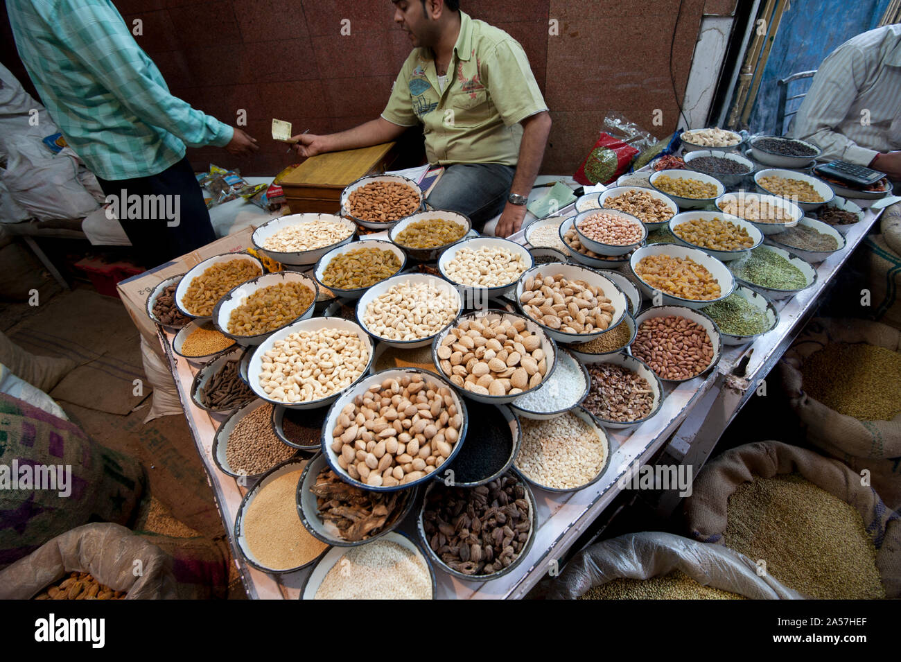 Dry fruits for sale at a market stall, Chandni Chowk, Delhi, India Stock Photo