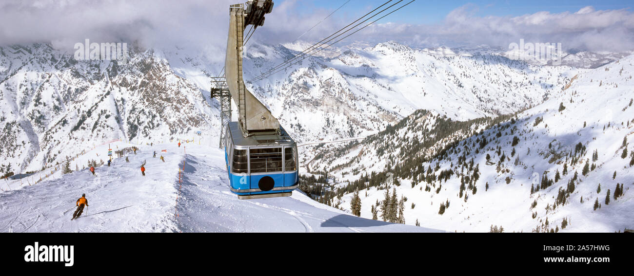 Overhead cable car in a ski resort, Snowbird Ski Resort, Utah, USA Stock Photo