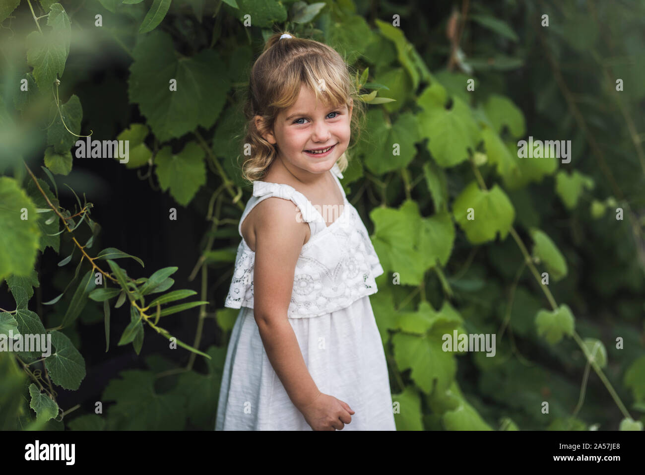 Sweet smiling young girl in white sundress outdoors near lush plants Stock Photo