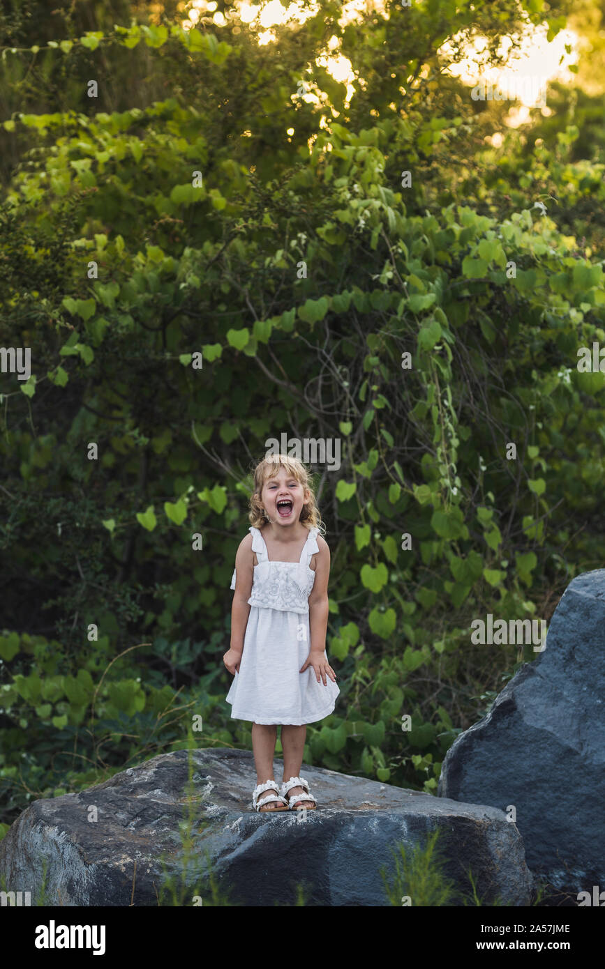 Ecstatic young girl in white dress on boulder in front thick foliage Stock Photo