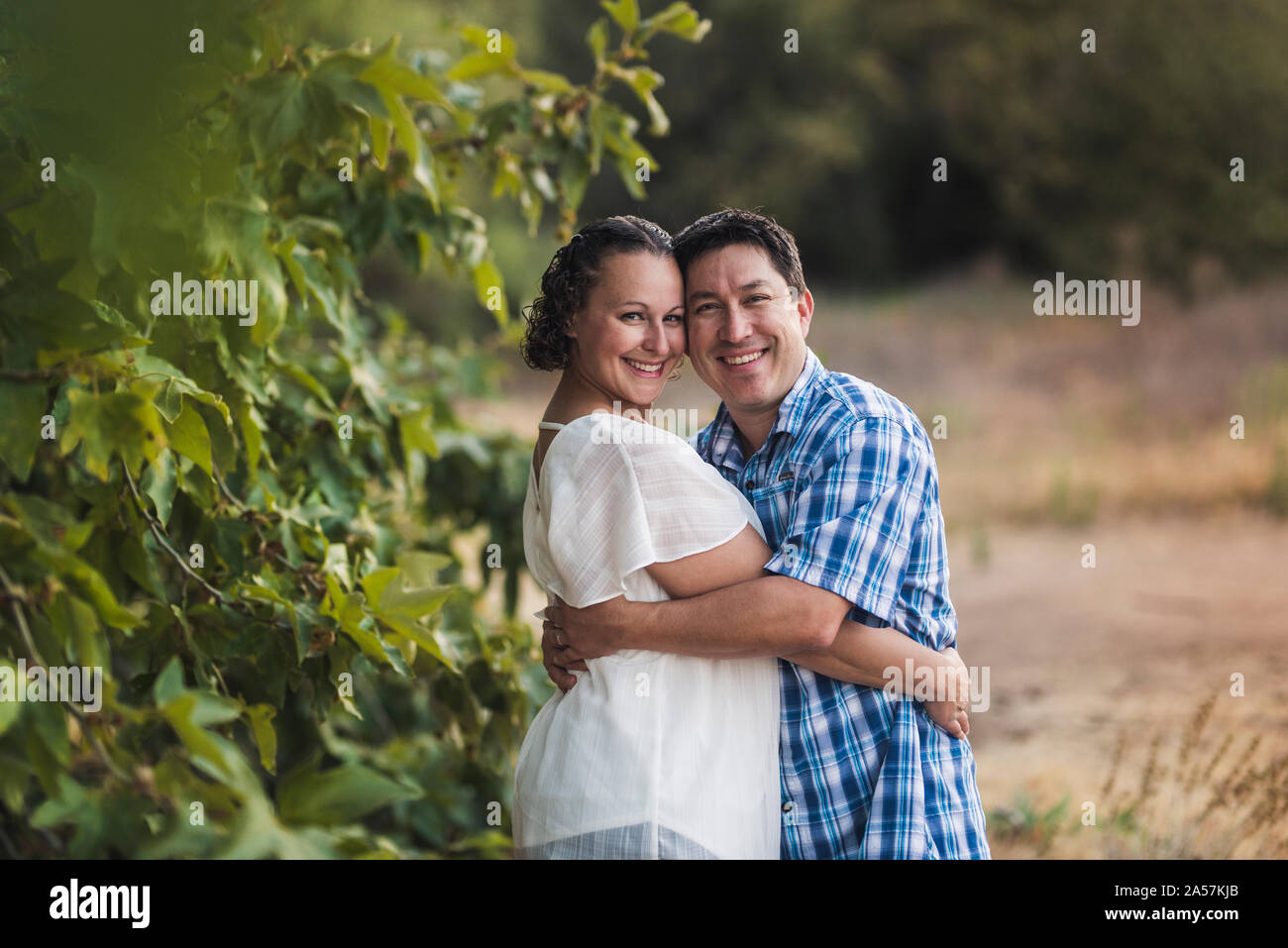 Smiling hugging husband and wife in sunny meadow  with lush foliage Stock Photo