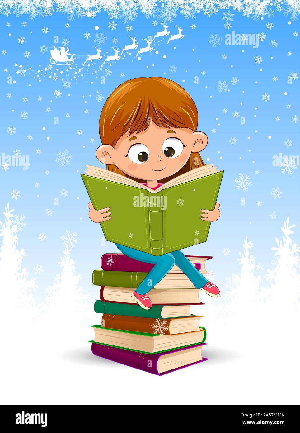 Little girl is reading a book for Christmas. Baby girl sitting on a stack of books. Winter background with snowflakes. Stock Vector