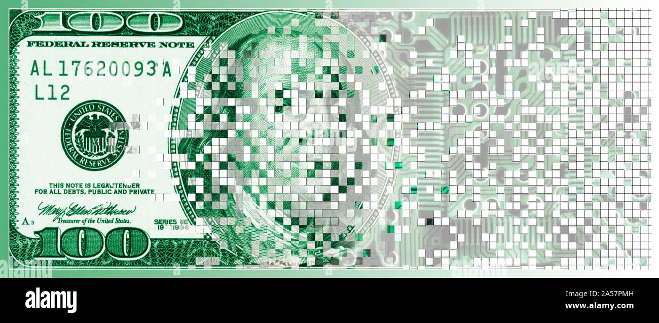 One Hundred Dollar Bill turning digital Stock Photo