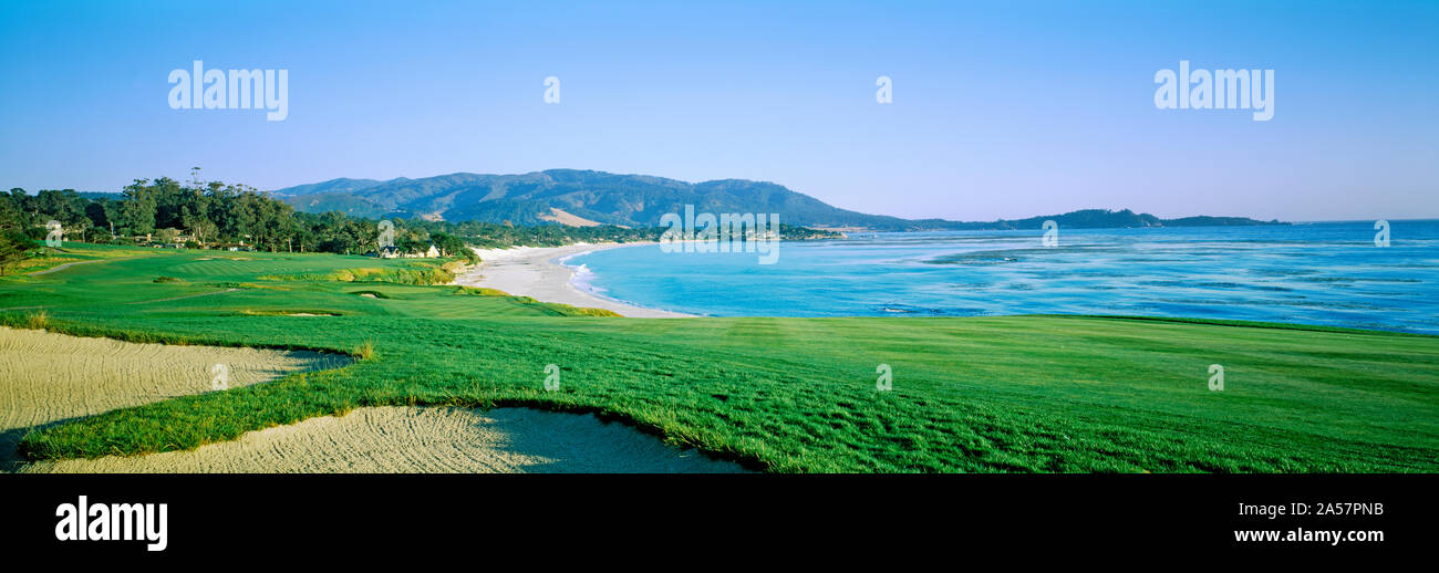 Sand traps in a golf course, Pebble Beach Golf Course, Pebble Beach