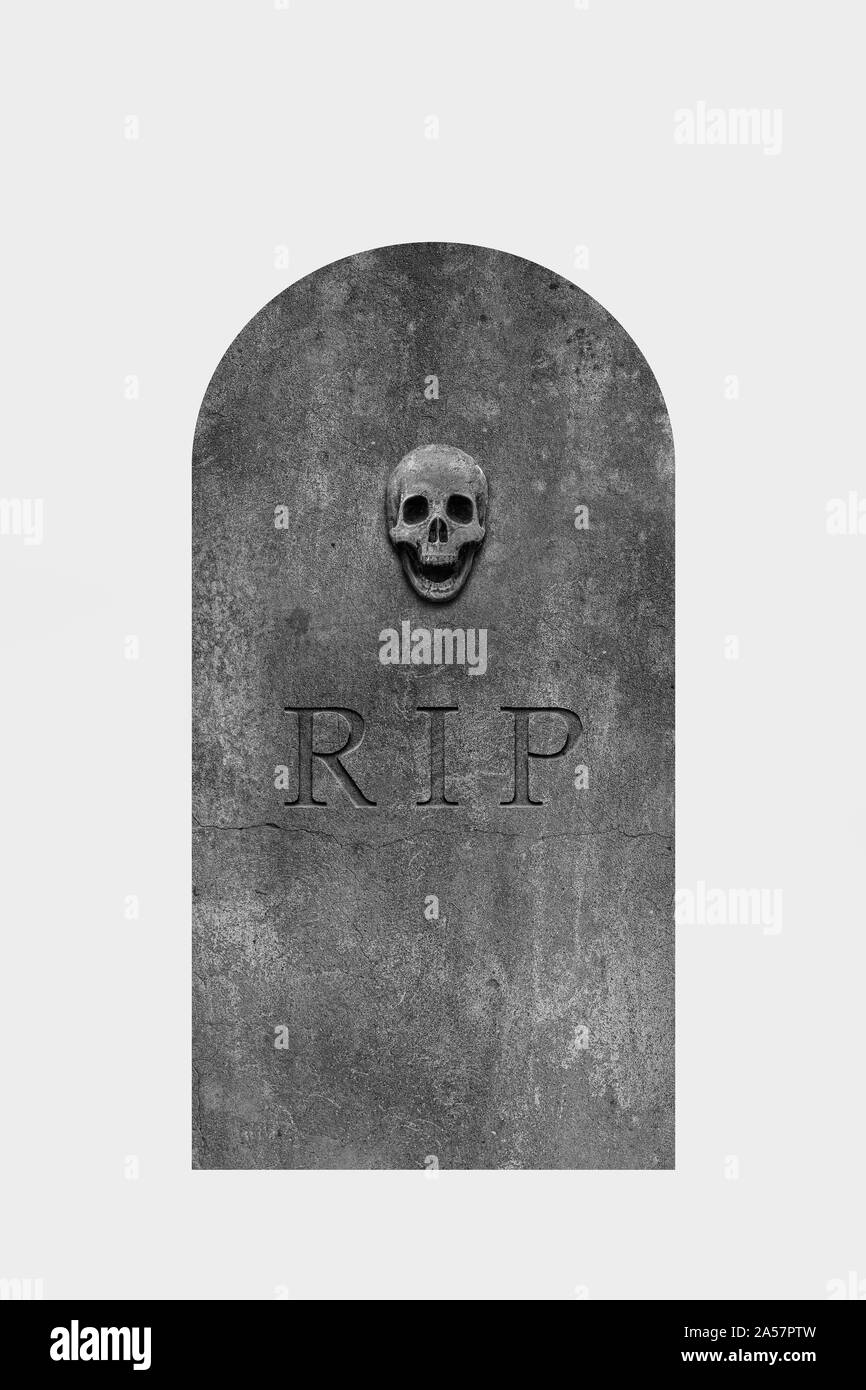 Grave With Rip Decorated, oval granite tombstone on white background with engraved R.I ...