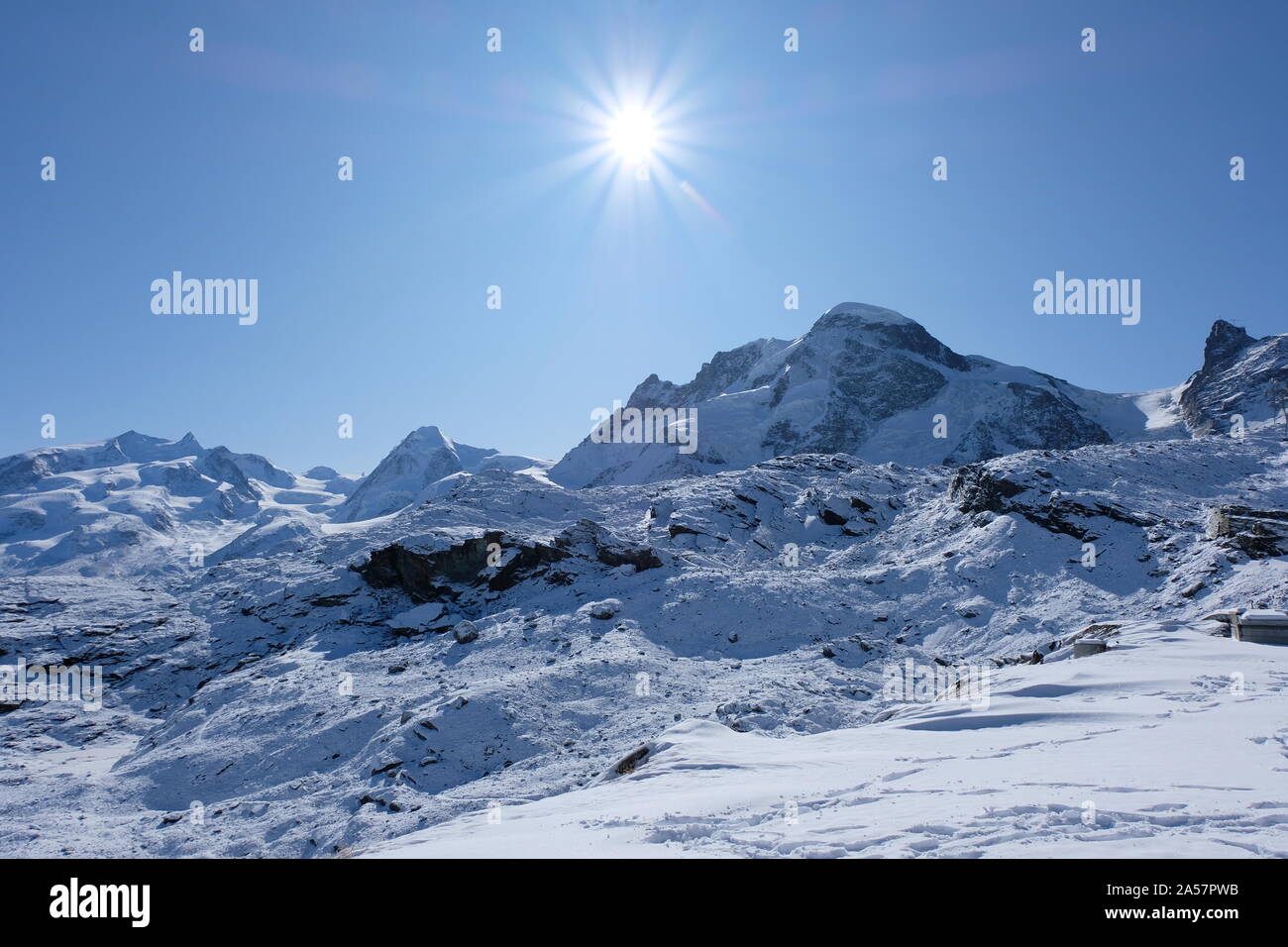The Monte Rosa massif - Swiss north-western face with several glaciers flowing towards the Mattertal with Zermatt Stock Photo