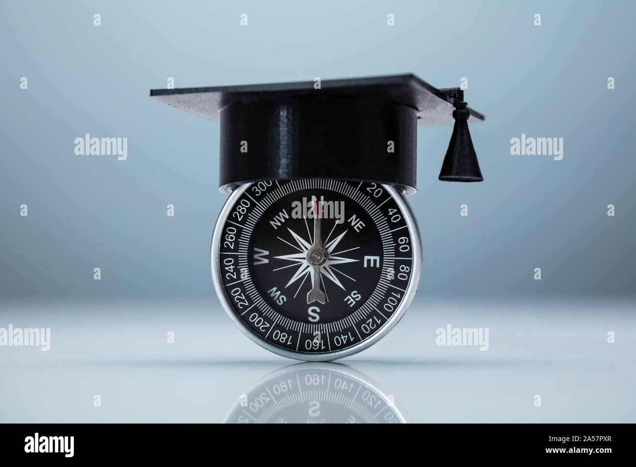 Graduation Cap On Compass Over Gray Background. College Choice Concept