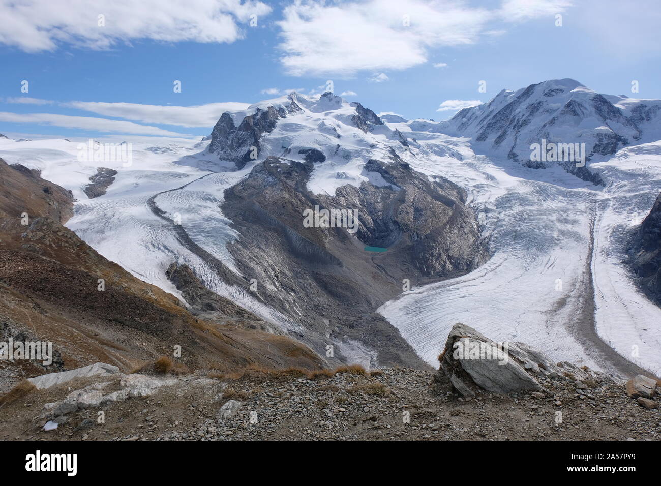 The Monte Rosa massif - Swiss north-western face with several glaciers flowing towards the Mattertal with Zermatt Stock Photo