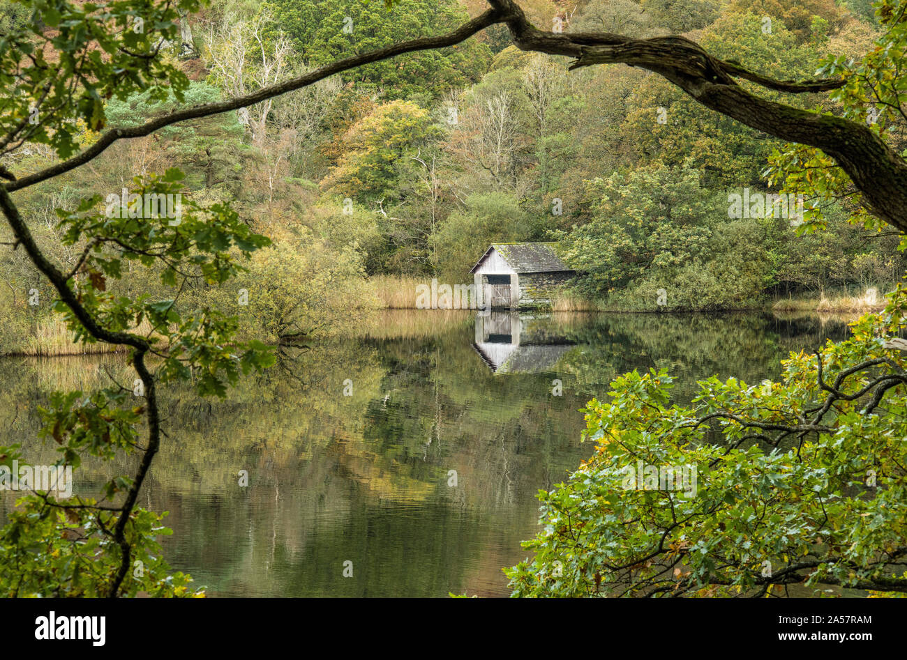 The boathouse on the edge of Rydal Water in the Rothay valley between Ambleside and Grasmere in the Lake District National Park Cumbria Stock Photo