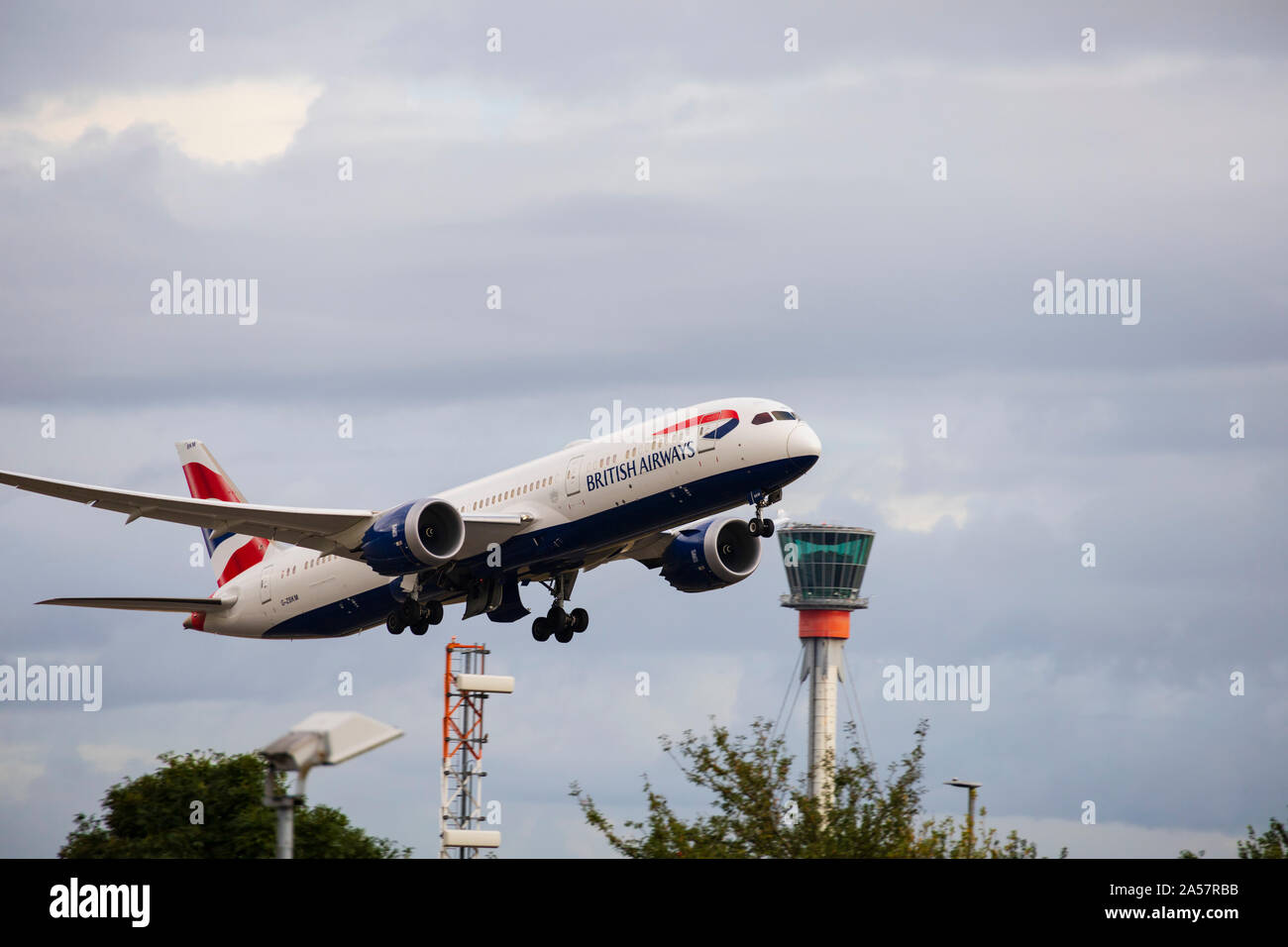 British Airways Boeing 787-9 airliner taking off from London Heathrow Airport. England. October 2019 Stock Photo