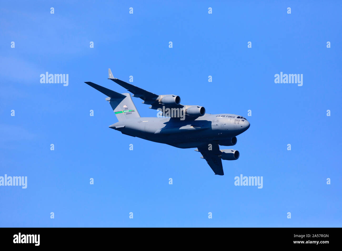 Boeing C17 Globemaster transport aircraft of the United States air force performing a fly past at the 2019 San Fransisco fleet Week. Stock Photo