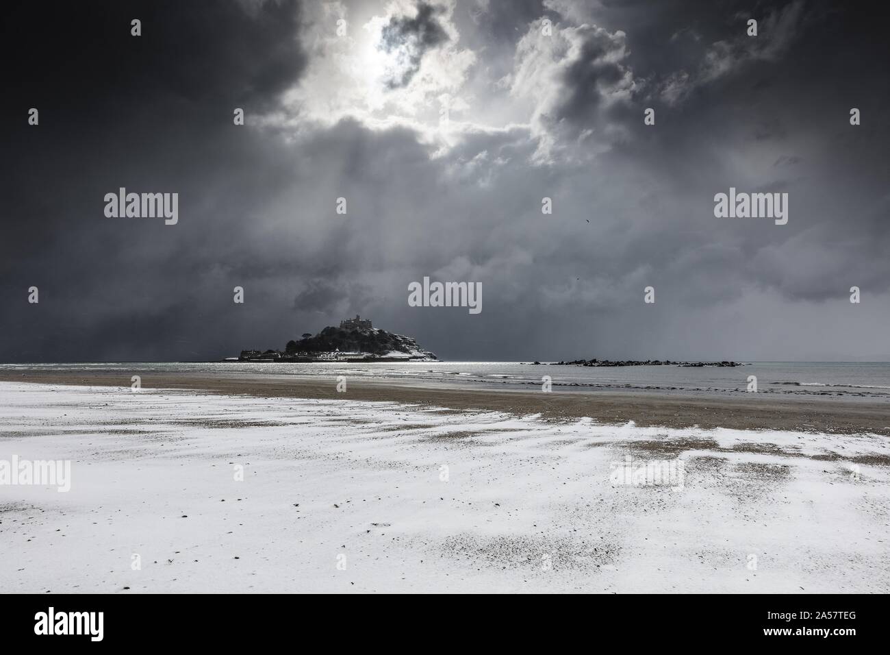 Freezing winter day under the dark sky in St Michaels Mount, Marazion, Cornwall, UK Stock Photo