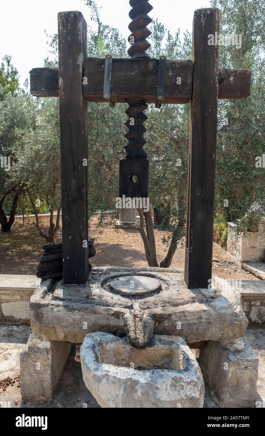 Old wooden olive press, Amargeti village, Paphos region, Cyprus. Stock Photo