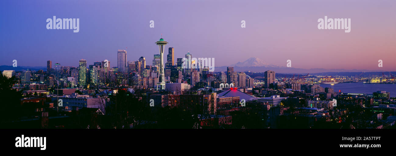 High angle view of a city at sunrise, Seattle, Mt Rainier, King County, Washington State, USA Stock Photo