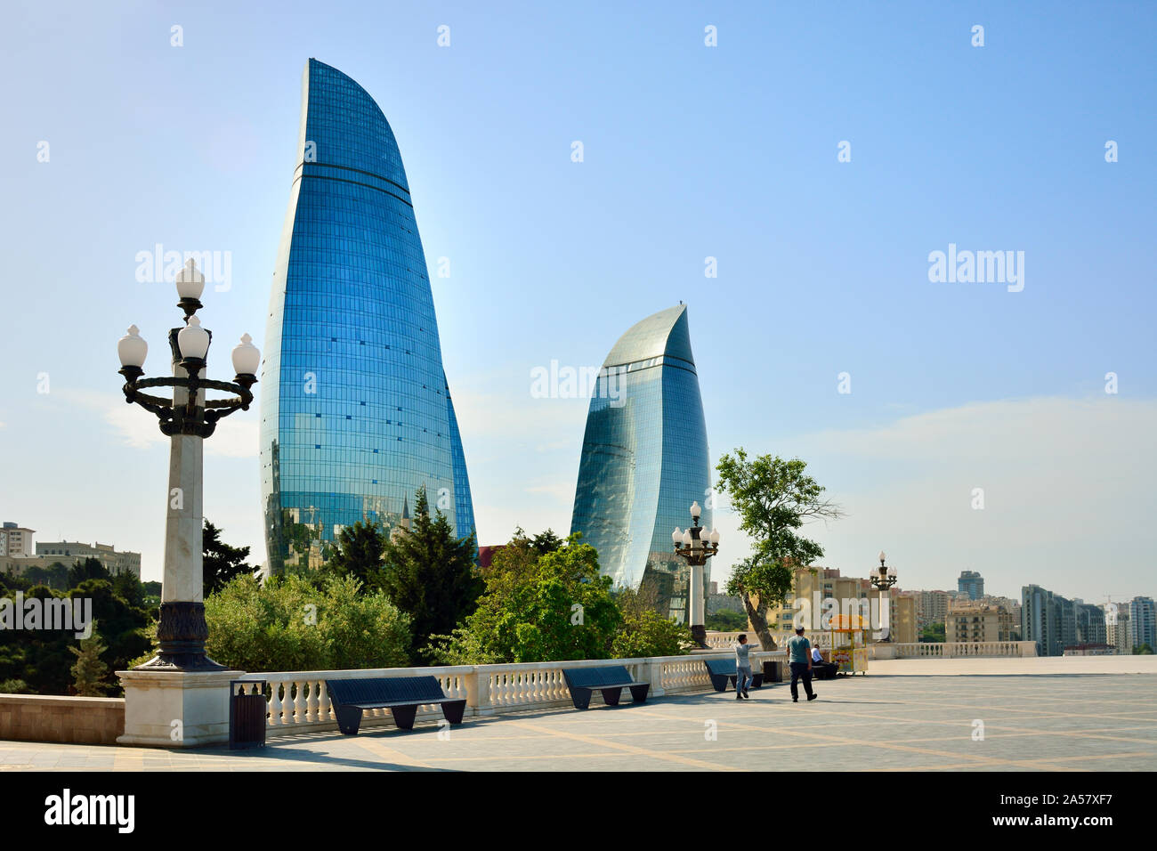 The Flame Towers seen from Dagustu Park. Baku, Azerbaijan Stock Photo