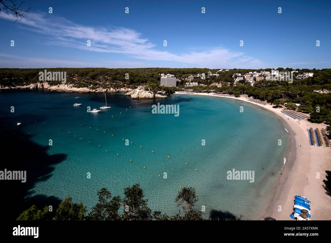 A view of the beach and resort of Cala Galdana, Menorca Stock Photo