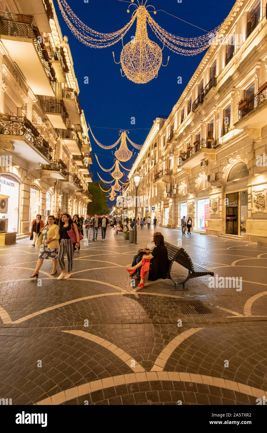 Nizami Street (Nizami kucəsi), a large pedestrian and shopping street in downtown Baku, named after the classical poet Nizami Ganjavi. Azerbaijan Stock Photo