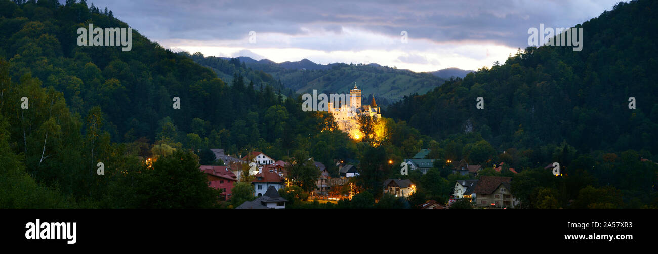 Elevated view of a town, Bran Castle, Bran, Brasov County, Transylvania, Romania Stock Photo