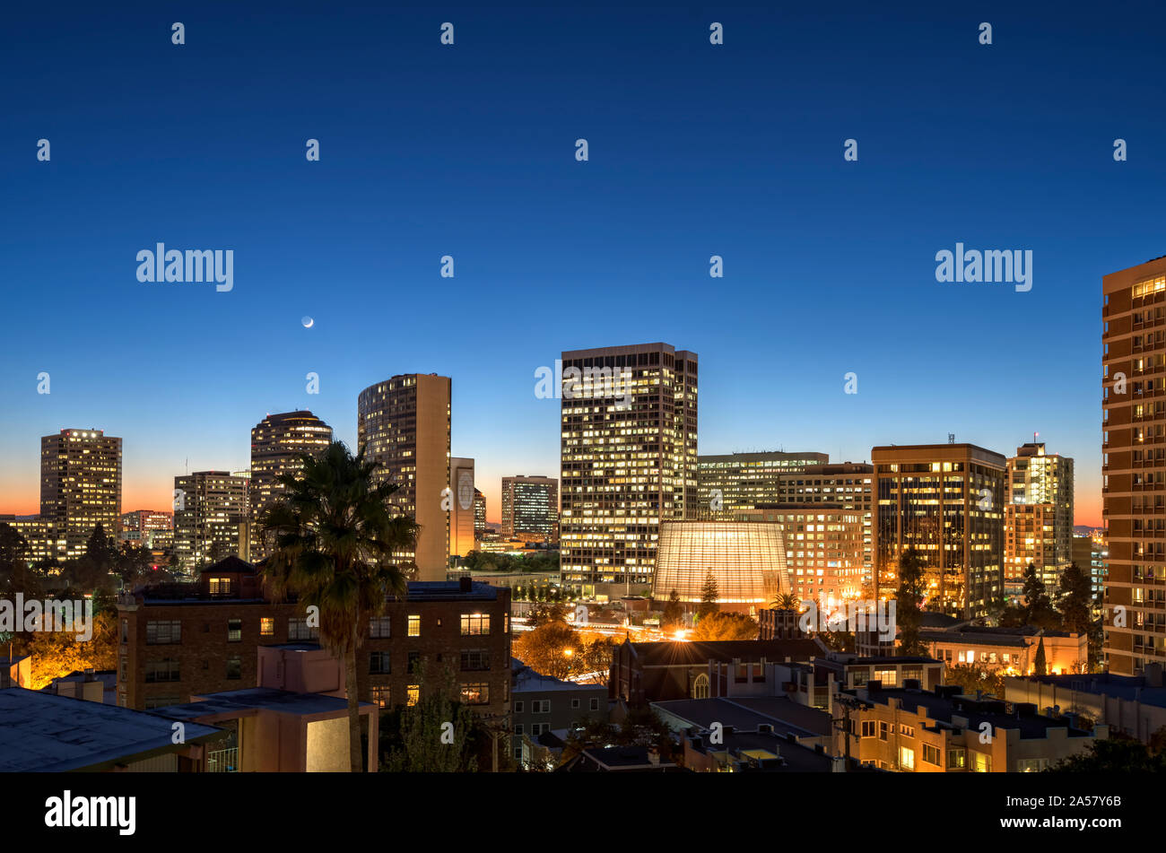 Skyline at dusk, Oakland, Alameda County, California, USA Stock Photo