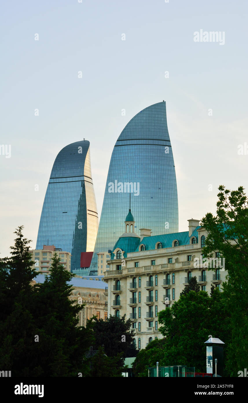 The Flame Towers above all the city of Baku. Azerbaijan Stock Photo