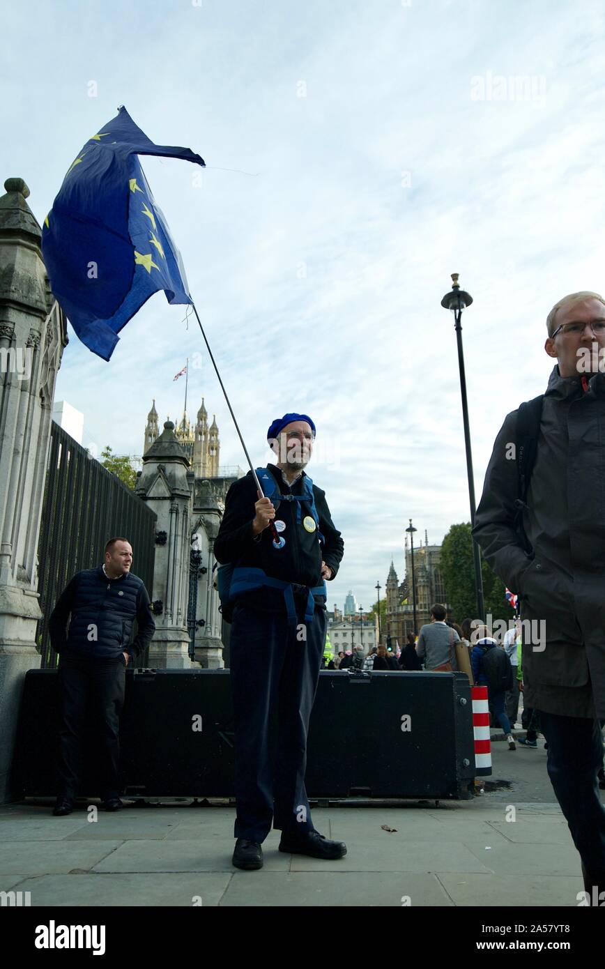 Pro-EU protestor waving the EU flag outside of Parliament in London, Brexit protest. Stock Photo