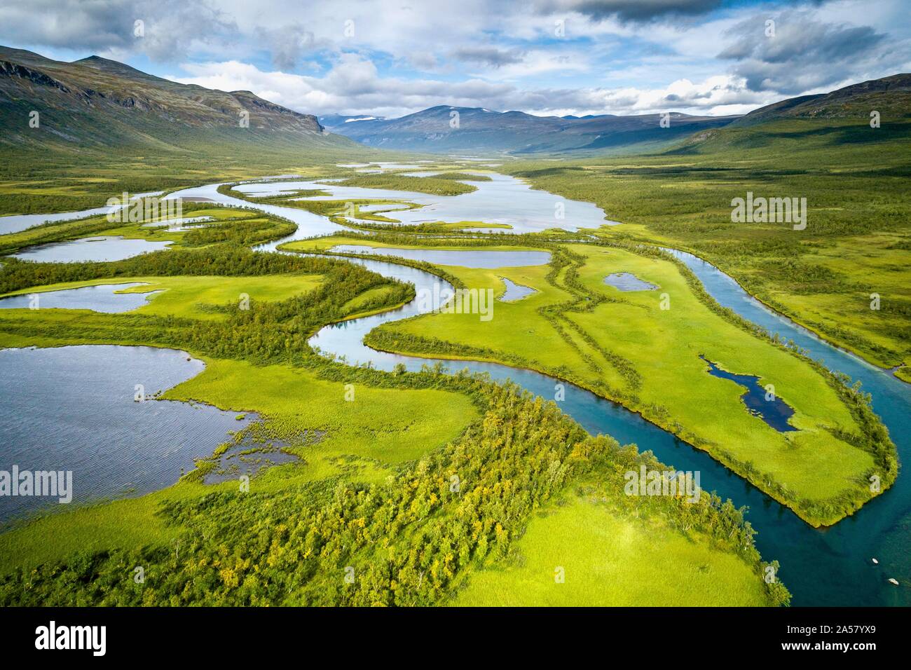 Aerial view, drone shot, meandering river landscape of the Rapa Valley near Nikkaluokta, Sarek National Park, Norrbottens lan, Sweden Stock Photo